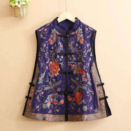 Timeless Vintage Chinese Floral Embroidered Cotton-Linen Women's Vest