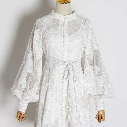 Elegant A-line Lantern Sleeve Dress with French Embroidery and Adjustable Lace-Up - SHENGPALAEF Summer 2024 Collection