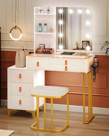 Luxurious LED-Integrated Glass Makeup Organizer with Charging Station