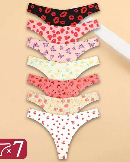 7Pcs Seamless Ice Silk Thong Set for Women - Fresh Low Waisted Print Underwear