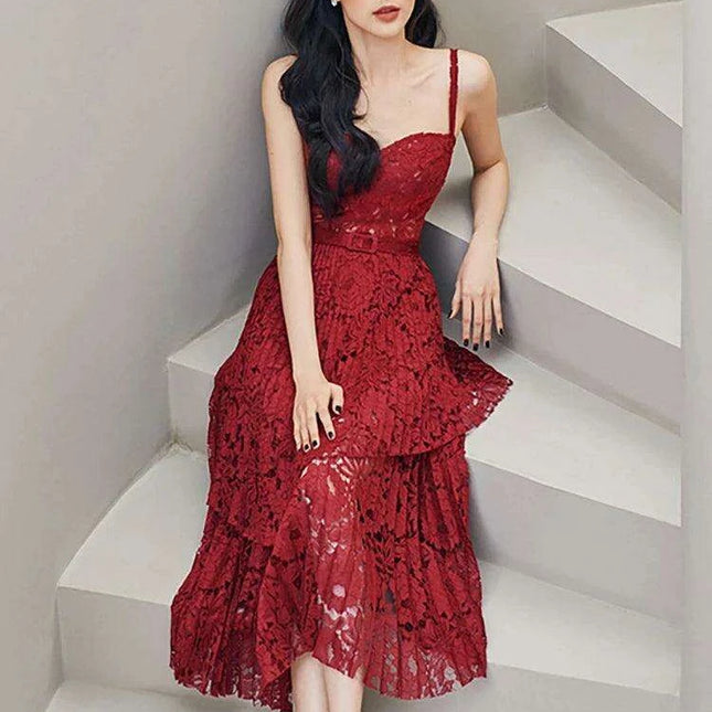 Summer Elegance Asymmetric Lace Party Dress with Belt