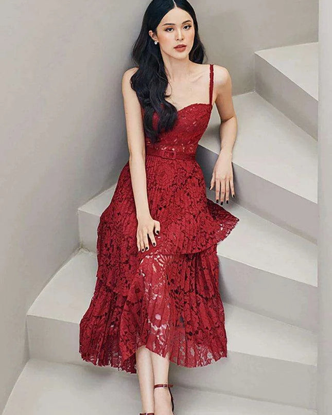 Summer Elegance Asymmetric Lace Party Dress with Belt