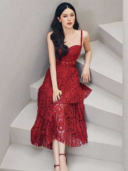 Summer Elegance Asymmetric Lace Party Dress with Belt