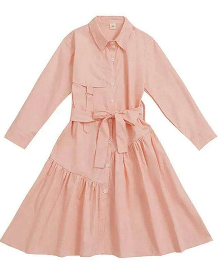 Girls' Spring Autumn Button-Up Dress in Solid Blue and Pink for Ages 6-16