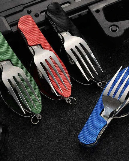 Multi-Functional Outdoor Dining Utensil Set: Fork, Spoon, Knife & Bottle Opener for Campers and Hikers