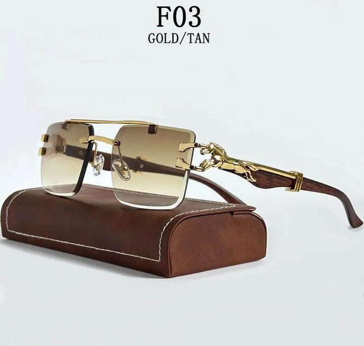 Retro Rimless Sunglasses with Wood Finish and UV Protection