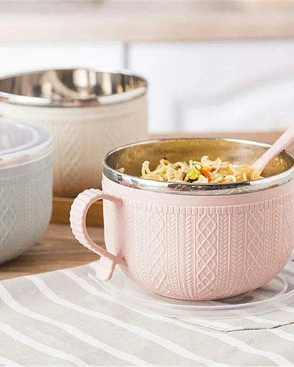 Premium Insulated Stainless Steel Ramen Bowl Set with Lid and Spoon - Large Double-layer Design for Instant Noodles