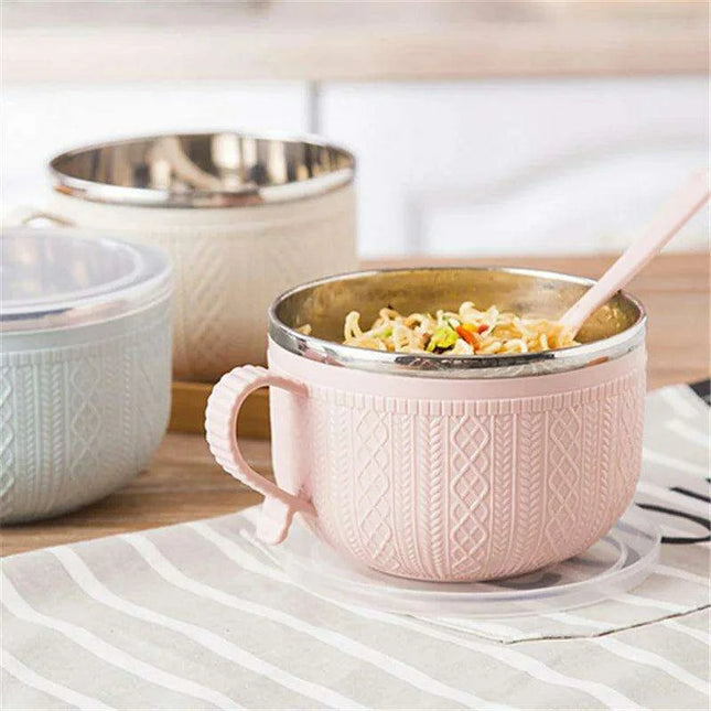 Premium Insulated Stainless Steel Ramen Bowl Set with Lid and Spoon - Large Double-layer Design for Instant Noodles