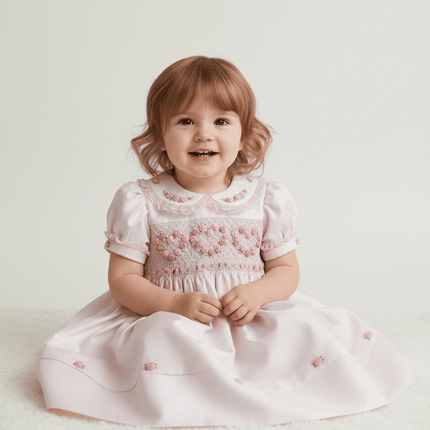 Toddler Girl Summer Floral Smocked Dress in Soft Pink for Celebrations and Photos