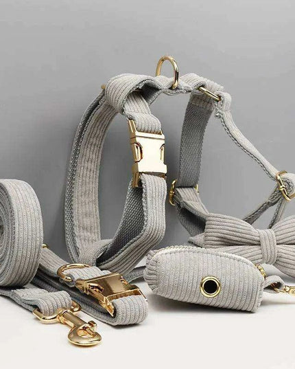 Personalized Light Grey Corduroy Dog Collar and Leash Set with Stylish Accessories