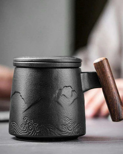 Elegant Vintage Ceramic Tea Mug Collection with Wooden Handle and Infuser Tray