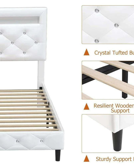 LED-Enhanced White Smart Bed Frame with Adjustable Crystal Tufted Headboard