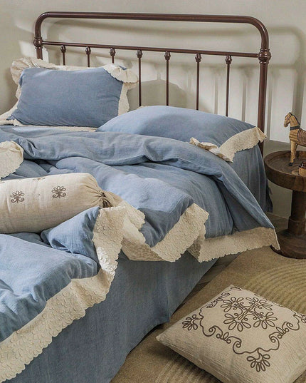 French Vintage Elegant Cotton Linen Lace Duvet Cover and Sheet Set - 4 Piece Collection