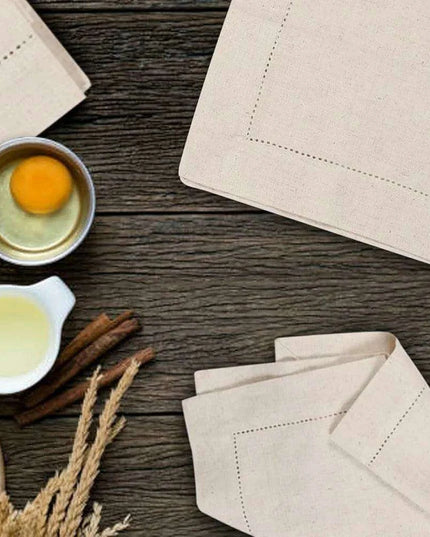 Set of 6 Luxurious Hemstitched Linen Napkins with Nature-Inspired Motifs - Flax Fabric for Elegant Dining