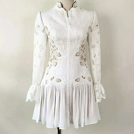 Embroidered Lace Evening Dress with Pleated Flare Sleeves for Women