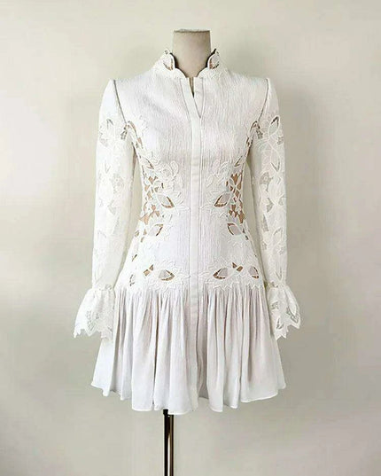 Embroidered Lace Evening Dress with Pleated Flare Sleeves for Women