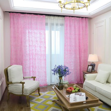 3D Rose Embroidery Sheer Voile Curtain – White & Pink, Custom Size