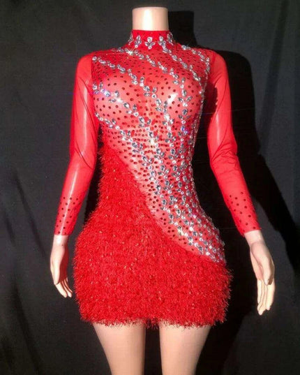 Glamorous Red Mesh Bodycon Dress with Crystal Accents and Sleeves