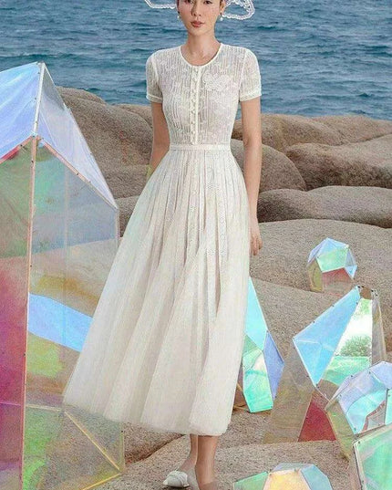 Stylish Hollow Embroidered Pleated Evening Gown for Women