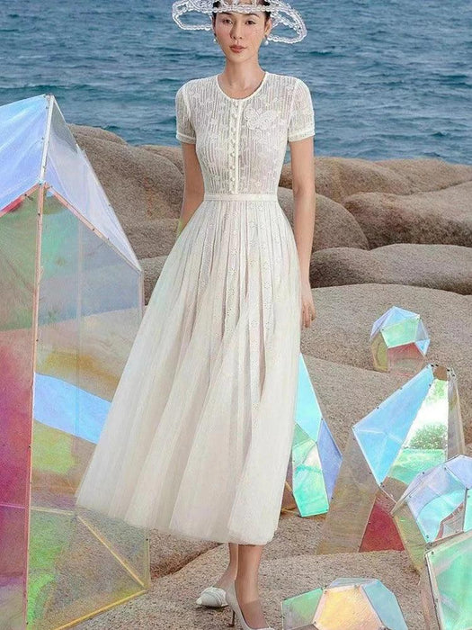 Stylish Hollow Embroidered Pleated Evening Gown for Women