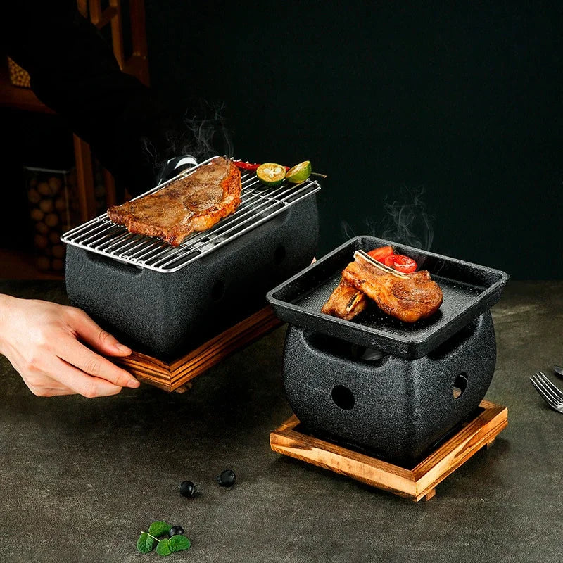 Portable Japanese Charcoal Grill - Aluminum Alloy Tea Cooker & Korean Style Cast Iron BBQ Dish
