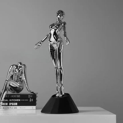 Mechanical Goddess Figurine with Chrome Finish, Futuristic Art Sculptu