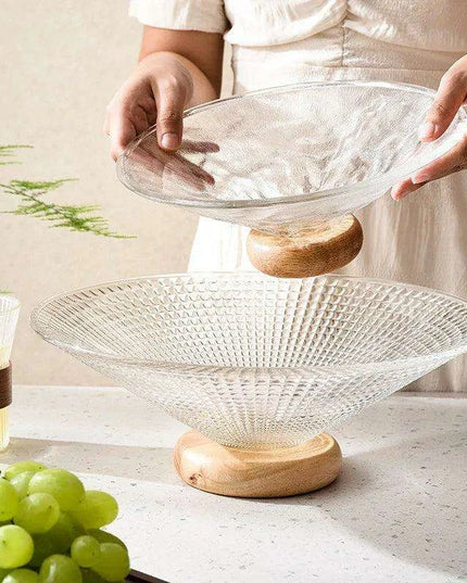 Chic Elevated Glass Fruit Display with Premium Rubber Wood Base for Stylish Dining Enhancements