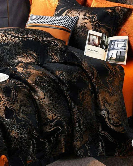 Luxurious Golden Jacquard Satin Bedding Set - 4-Piece Black Duvet & Egyptian Cotton Sheets