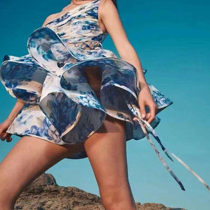 Chic Asymmetrical High-Waist Mini Dress with Statement Diagonal Collar for Fashion-Forward Women