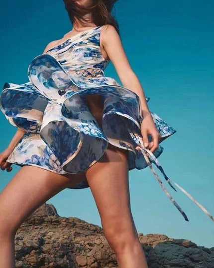 Chic Asymmetrical High-Waist Mini Dress with Statement Diagonal Collar for Fashion-Forward Women