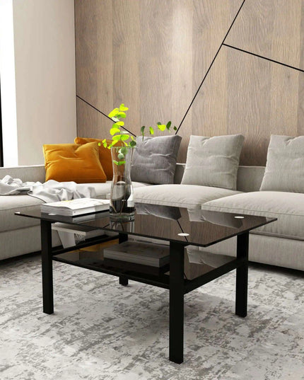 Modern Elegance Black Glass Coffee Table with Metal Framework and Additional Storage