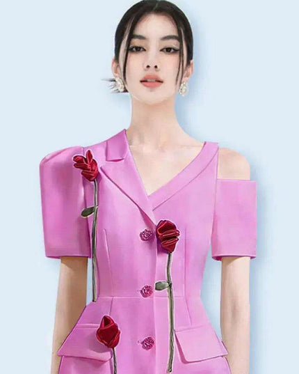 Chic 3D Floral Notched Sleeve Dress for Women - Irregular Hem Single Breasted Office Wear