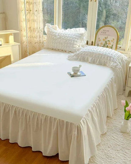 Luxe Korean Princess Lace Ruffle Bedding Ensemble with Duvet Cover, Bed Sheet, Skirt, and Pillowcases