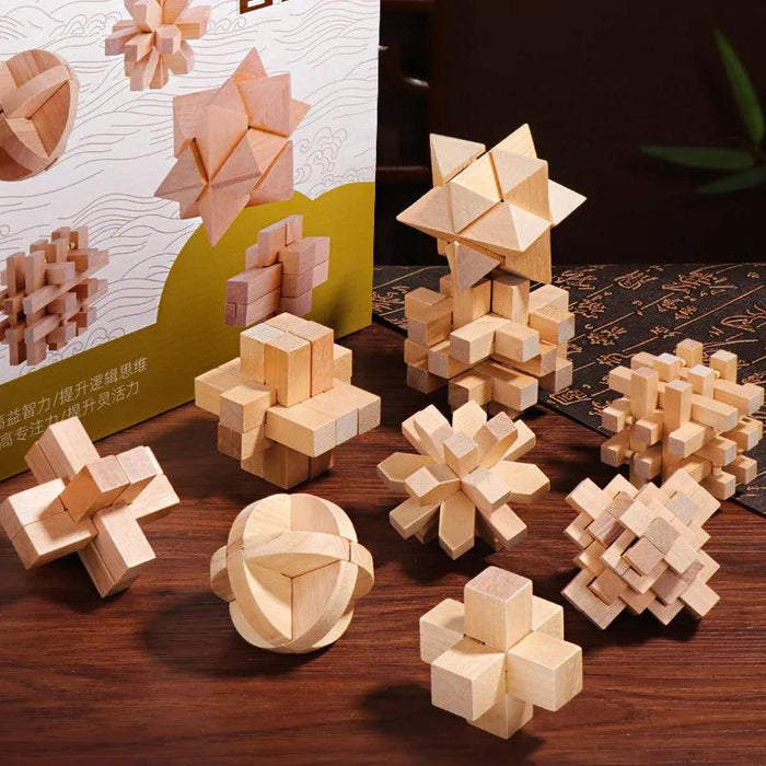 Luban Lock 9-Piece Wooden Puzzle Set - Engaging 3D Brain Teaser for All Ages, Educational IQ Challenge