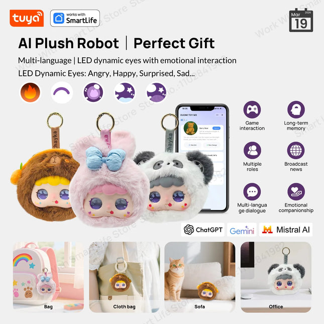 Tuya Smart AI Plush Robot - LED Eyes, Voice Control, USB Rechargeable