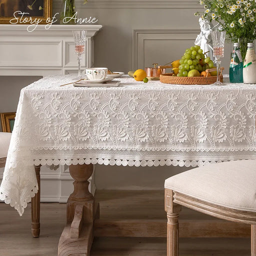 American Charm White Lace Tablecloth with Elegant Floral Embroidery