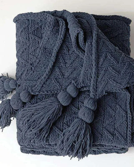 Charming Chenille Knit Throw Blanket with Delightful Pompoms - Cozy Elegance for Your Living Space