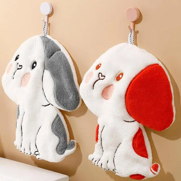 Puppy Print Coral Velvet Hand Towel with Hanging Loop for Kitchen and Bathroom