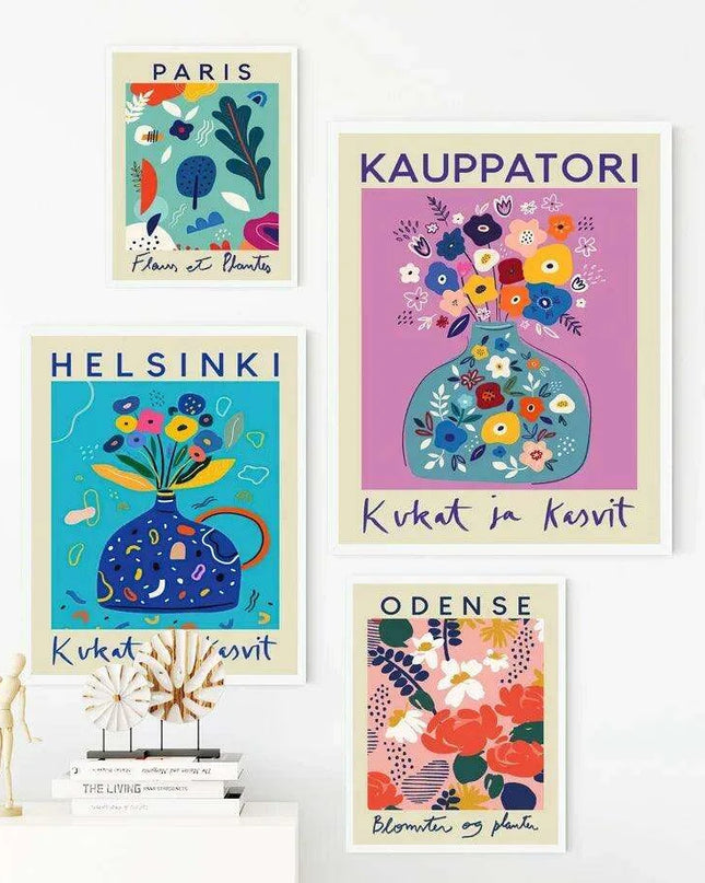 Colorful Nordic Floral Canvas Artwork - Retro Decorative Prints