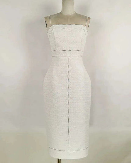 Elegant Women's Autumn 2-Piece Suit with Contrast Lines Belted Jacket and Slim Tweed Dress