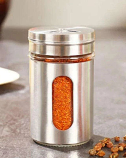 Stylish Rotating Glass Spice Dispenser Set with Stainless Steel Lids - Trio of Seasoning Jars