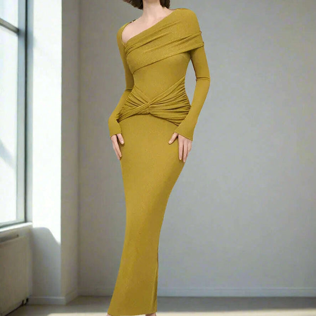Sophisticated Asymmetrical Knit Dress with Pleats and Cross Collar for Women - Form-Fitting Autumn Evening Dress 2024