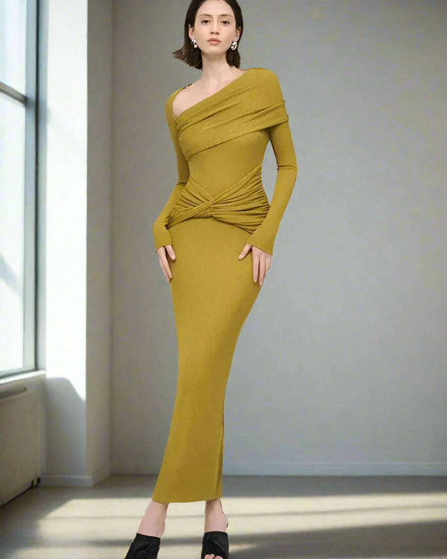 Sophisticated Asymmetrical Knit Dress with Pleats and Cross Collar for Women - Form-Fitting Autumn Evening Dress 2024