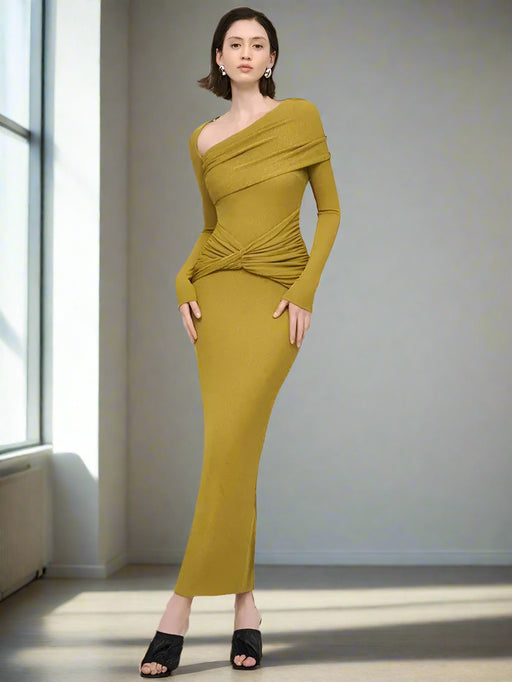 Sophisticated Asymmetrical Knit Dress with Pleats and Cross Collar for Women - Form-Fitting Autumn Evening Dress 2024