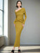 Sophisticated Asymmetrical Knit Dress with Pleats and Cross Collar for Women - Form-Fitting Autumn Evening Dress 2024