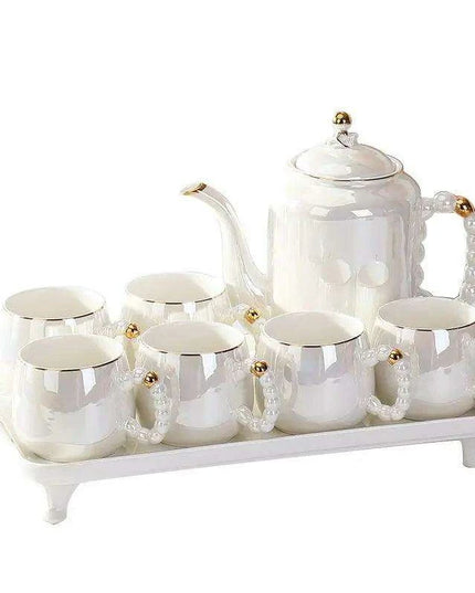 Sophisticated Pearl Ceramic Tea and Beverage Serving Collection with Coffee Pot and Cups