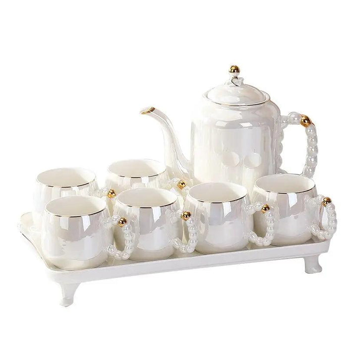 Sophisticated Pearl Ceramic Tea and Beverage Serving Collection with Coffee Pot and Cups