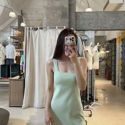 Elegant Midi Dress with Square Neck - Stylish Viscose Stretch