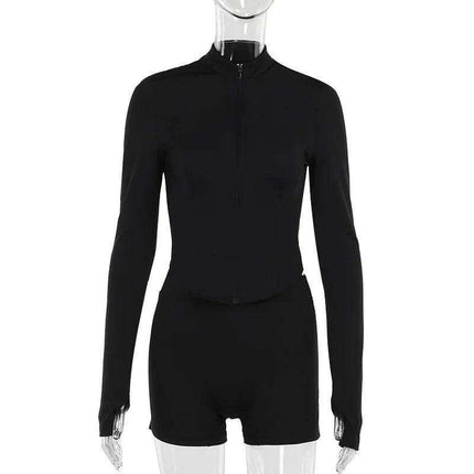 Black Zippered Athletic Tracksuit with Long Sleeve Top and Shorts Set