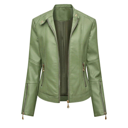 Retro Chic Women's Faux Leather Biker Jacket - Stylish Zip-Up Coat with Elegant Lapel